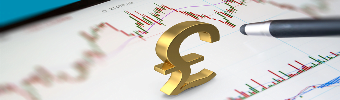 Graphic with a golden pound sign in the middle, a pen and an FX chart in the background.